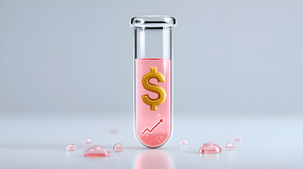 A test tube with a golden dollar symbol in pink liquid, symbolizing financial growth, investment experiments, and innovative business concepts.