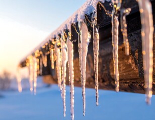 Icicles hanging from a roof in winter sunlight
