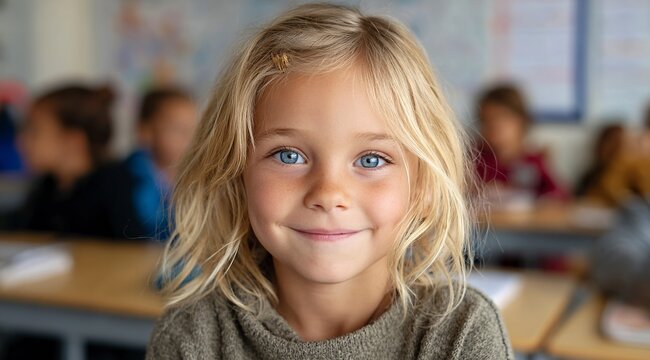 A portrait of an adorable little girl smiling at the camera, sitting in her classroom with other children behind her. She has blonde hair and blue eyes, wearing casual .