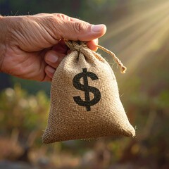 Hand holding a burlap money bag
