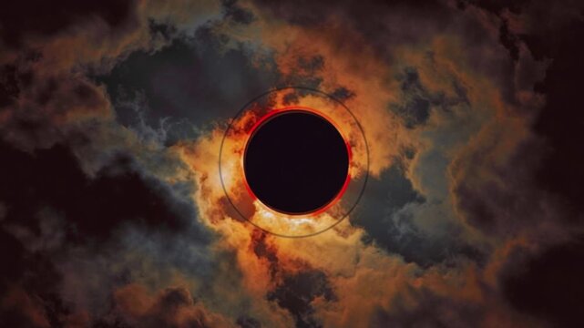 4K cinematic view of total solar eclipse with fiery corona and dark moon shadow surrounded by glowing clouds, symbolizing cosmic power, astronomy, mystery, and celestial space phenomenon