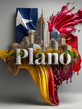 The word "Plano" is creatively designed with a city skyline and a Texas outline. The colorful artwork highlights the city&rsquo;s identity and vibrant energy.