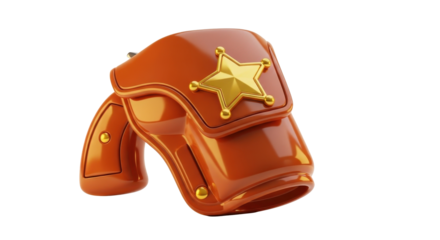 A sheriff's brown leather holster with a golden star badge, isolated on white.