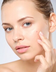 Obraz premium Young woman gently touching cheek acne. Skincare problems