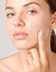Obraz premium Young woman pointing to acne and skin problems. Skincare. 