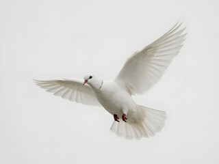 Fototapeta premium Soaring White Dove: A pristine white dove gracefully glides through the sky with outstretched wings, a timeless symbol of peace and freedom. 