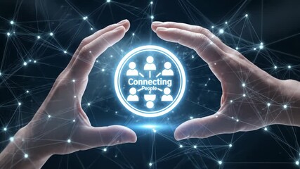 Global Network Connection - Two hands gently cradle a glowing digital icon depicting interconnected people, symbolizing global social networking and connection. - Powered by Adobe