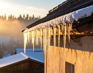 Icicles on a snowy roof at sunrise