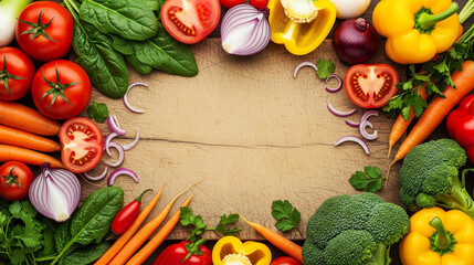 Vibrant Colorful Vegetables Frame on Rustic Wood