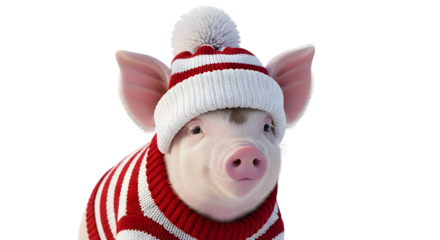 Adorable piglet wearing a red and white striped knitted hat and sweater, isolated on transparent background