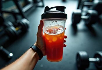 Hand holding a shaker with a pre-workout drink, showing gym equipment in the background