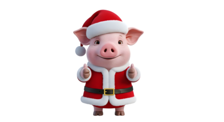 Cute cartoon pig wearing a santa claus costume and hat, giving a thumbs up gesture, isolated on transparent background