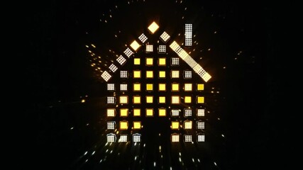 Glowing digital house icon made of illuminated squares on dark background, smart home technology concept, real estate innovation symbol, modern housing interface, futuristic property automation, abstr - Powered by Adobe