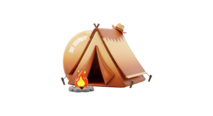 A whimsical 3D rendering of a camping tent with a campfire.