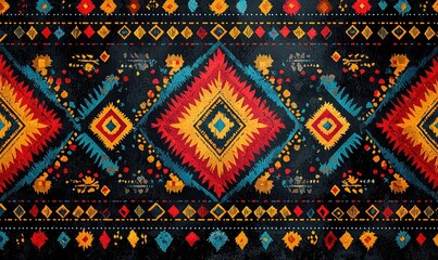 Vibrant, patterned textile design with rich colors and intricate details