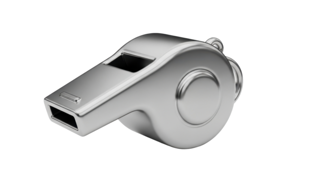A metallic whistle, isolated on a white background, ready to be blown.
