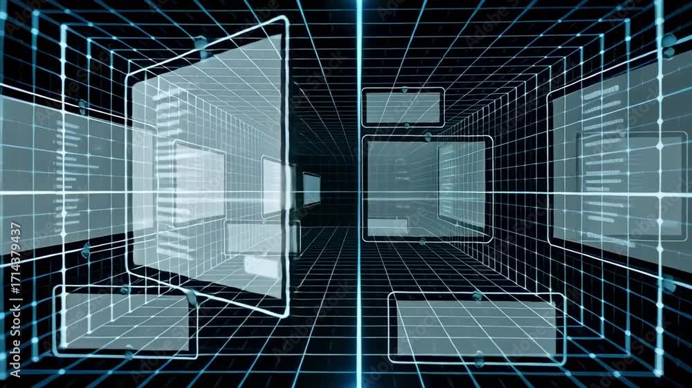 Poster abstract futuristic technology background with screens and grid lines animation loop