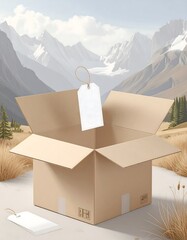 Open cardboard box on a grassy plain, mountains in the background