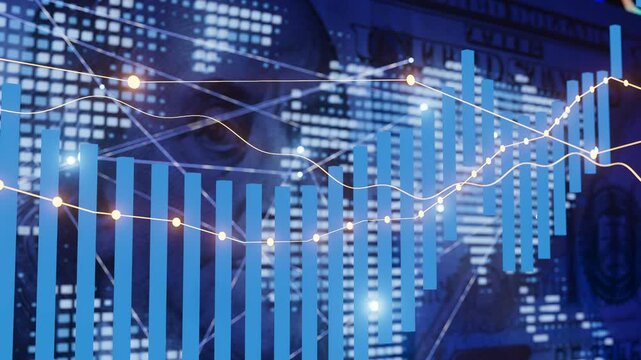 A blue background with a series of blue lines and a dollar sign in the middle. The dollar sign is surrounded by a blue border and he is a graph or chart - Powered by Adobe