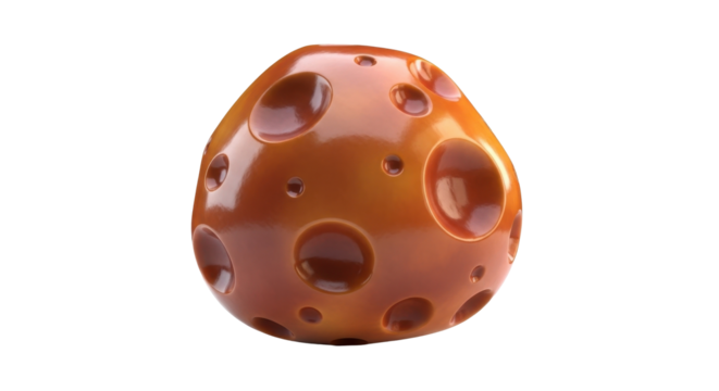 A rendered image of a reddish-brown asteroid, isolated on a white background, showing a cratered surface.