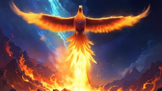 Mythical phoenix in fiery flight