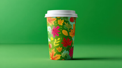 Disposable coffee cup with a colorful autumn leaves pattern sleeve on a green background.Autumn coffee cup mockup with fall leaves. 