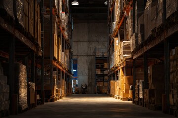 Fototapeta premium Rows of tall industrial racks stacked with goods illustrate the core of modern supply chain logistics and distribution.