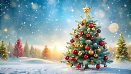 Obraz premium Festive Christmas Tree in a Snowy Winter Wonderland Landscape with Bokeh Lights