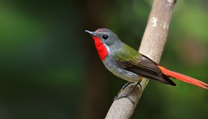 Bright Red Browed Firetail Perched On A Branch With Vivid Red Markings And Soft Green Gray Plumage