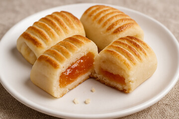 Typical sweet from Andalusia, Spain. Baked dessert of marzipan dough filled with candied fruit stock photo 