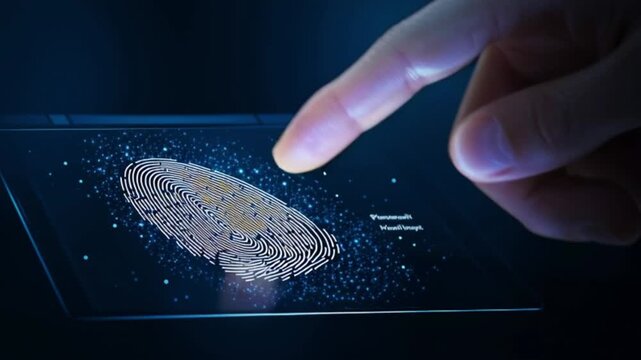 Fingerprint biometric authentication touch screen digital security identity verification concept, futuristic technology interface with glowing fingerprint scan, cyber data protection system, secure ac