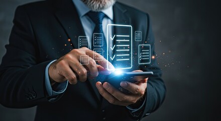 Efficient Digital Task Management: A Businessman Leveraging Technology for Optimal Checklist and Workflow Automation with Smart Device