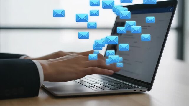 Digital Communication: Person Typing Emails on Laptop - Close-up view of hands typing on a laptop keyboard with multiple email icons floating around, illustrating digital communication and online