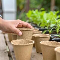 Hand placing biodegradable seedling pots on wooden bench