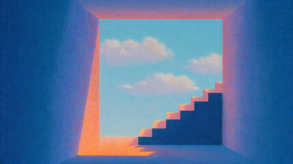 Surreal staircase leading into colorful dreamy sky with soft clouds during sunset in vibrant digital art