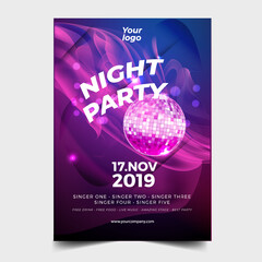 Night dance party music night poster template. Electro style concert disco club party event flyer invitation