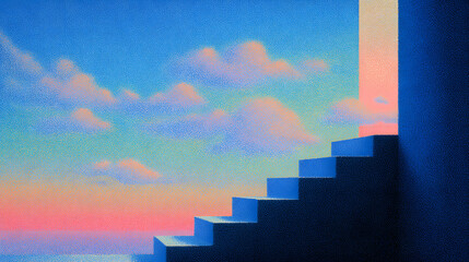 Surreal staircase leading into colorful dreamy sky with soft clouds during sunset in vibrant digital art