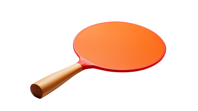 Vibrant orange ping pong paddle with natural wood handle, perfect for active play and sports.