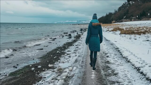 A person walking on the beach path amidst a wintery scene, with snow covering the ground and an overcast sky.