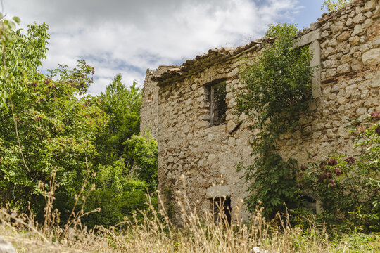 View of sun-drenched stone ruins standing defiant against the encroachment of verdant foliage, a poignant dance of decay and renewal in Frattura Vecchia, Abruzzo, Italy.