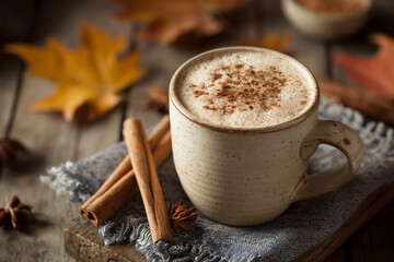 Cup of pumpkin spice latte on rustic table with cinnamon sticks and fall leaves