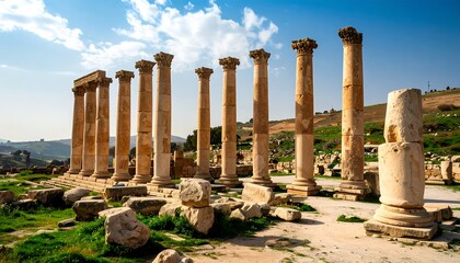 Ancient columns in a sunlit landscape