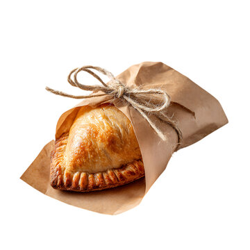 Golden baked pastry parcel tied with twine isolated on transparent background