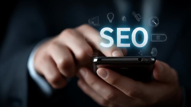 Hand Using Smartphone With Glowing SEO Text And Icons