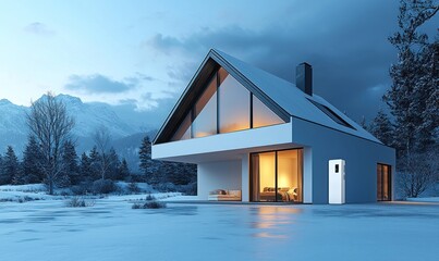 Modern home nestled in snowy mountains at twilight