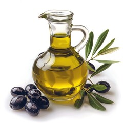 A glass decanter of golden olive oil sits beside a cluster of dark olives and an olive branch on a white background