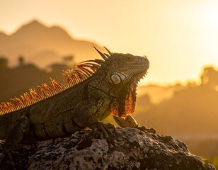 Iguana at sunset atop a rock