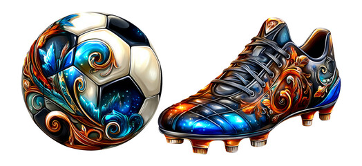 Artistic Soccer Ball and Cleat Design with Colorful Swirls and Patterns