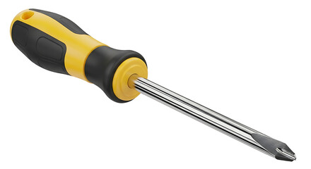 A classic flat-head screwdriver with a yellow and black comfort grip handle, an essential hand tool for repair and DIY projects, isolated on a white background