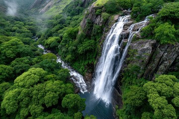 Obraz premium Aerial View of Waterfall Cascading into Lush Green Forest